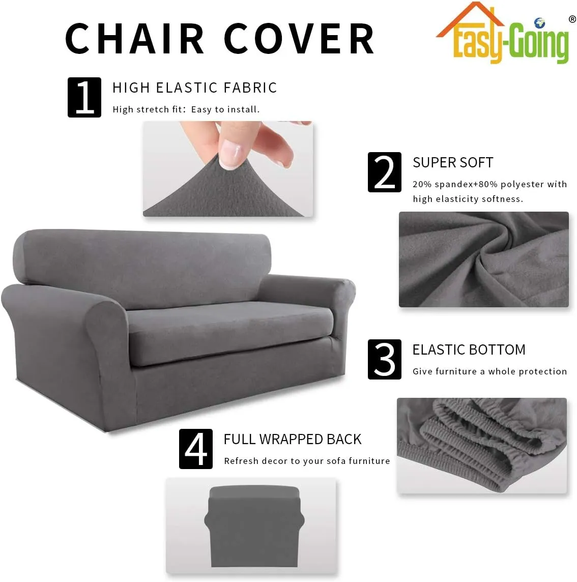 Easy-Going 2 Pieces Microfiber Stretch Sofa Slipcover – Spandex Soft Fitted Sofa Couch Cover, Washable Furniture Protector with Elastic Bottom Kids, Pet (Loveseat, Light Gray)