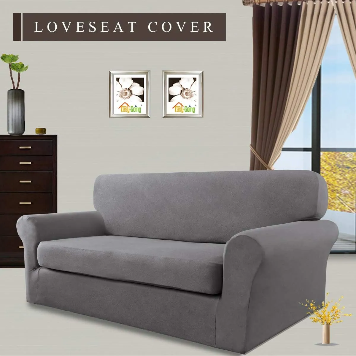 Easy-Going 2 Pieces Microfiber Stretch Sofa Slipcover – Spandex Soft Fitted Sofa Couch Cover, Washable Furniture Protector with Elastic Bottom Kids, Pet (Loveseat, Light Gray)