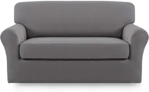 Easy-Going 2 Pieces Microfiber Stretch Sofa Slipcover – Spandex Soft Fitted Sofa Couch Cover, Washable Furniture Protector with Elastic Bottom Kids, Pet (Loveseat, Light Gray)