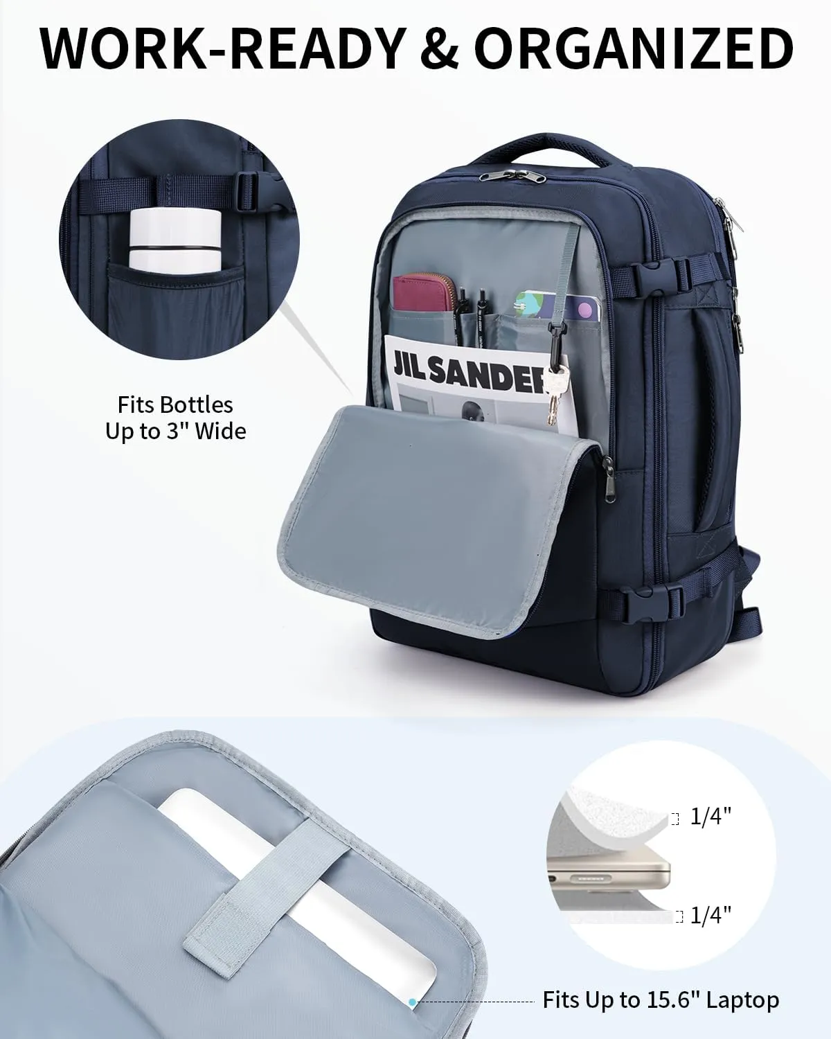 ECOHUB Carry On Travel Backpack, Expandable Airlines Personal Item Bag 18x14x8, Water Resistant 17 inch Laptop Backpack Flight Approved, 12 Pockets 30L Work Backpacks with Wet Pocket & Cable Slot