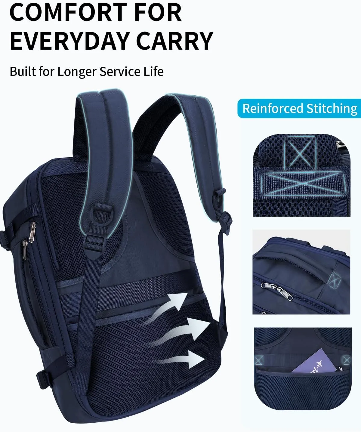 ECOHUB Carry On Travel Backpack, Expandable Airlines Personal Item Bag 18x14x8, Water Resistant 17 inch Laptop Backpack Flight Approved, 12 Pockets 30L Work Backpacks with Wet Pocket & Cable Slot