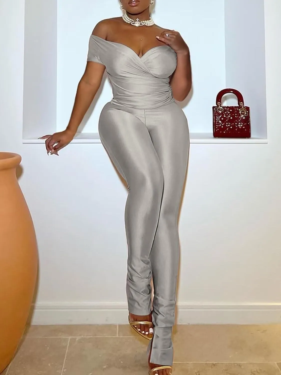 Ekaliy Women's Sexy Outfits 2 Piece Off Shoulder Tops Bodycon Flared Pant Sets Summer Clubwear