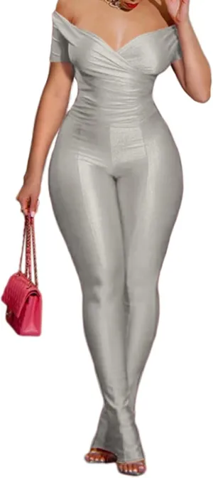 Ekaliy Women's Sexy Outfits 2 Piece Off Shoulder Tops Bodycon Flared Pant Sets Summer Clubwear