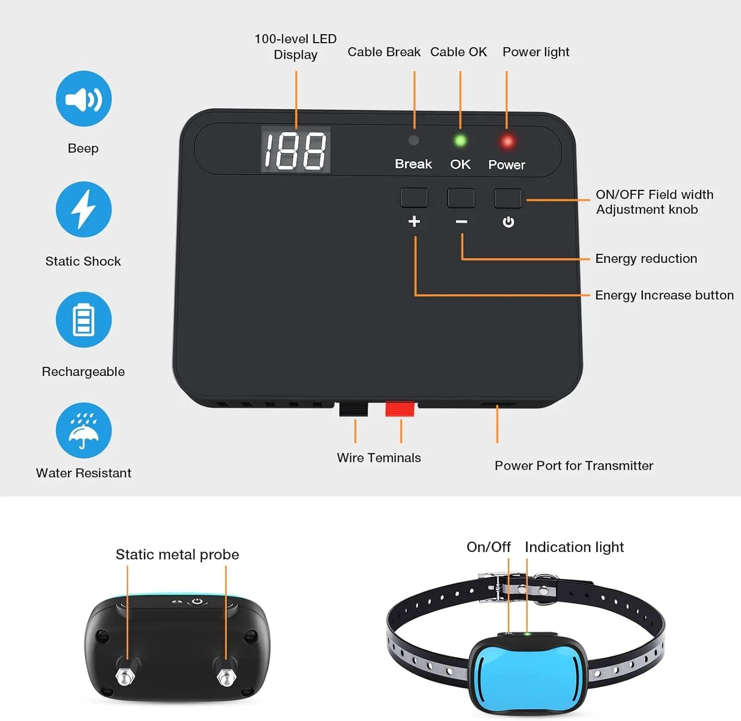 Electric Fence for Dogs, Upgraded Underground Above Ground Electric Dog Fence Pet Containment System with Waterproof Rechargeable Training Collar, Tone/Shock Correction for 2 Dogs