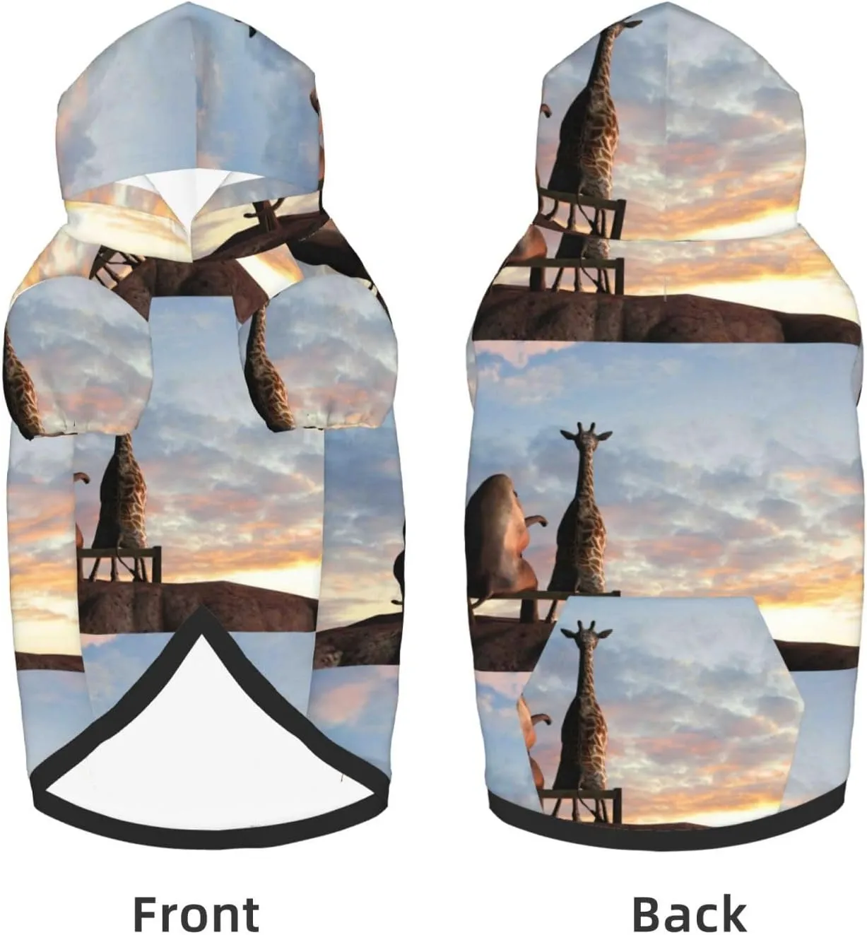 Elephant Giraffe On A Mountain Top Sunset Dog Hoodie Security Dog Hoodie Sweater with Pocket and Leash Hole Warm Pet Clothes Dog Winter Sweatshirt for Medium Large Dogs