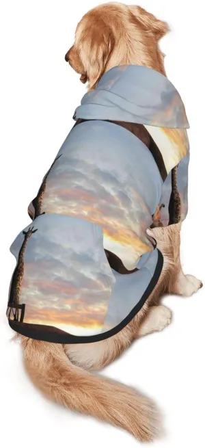 Elephant Giraffe On A Mountain Top Sunset Dog Hoodie Security Dog Hoodie Sweater with Pocket and Leash Hole Warm Pet Clothes Dog Winter Sweatshirt for Medium Large Dogs