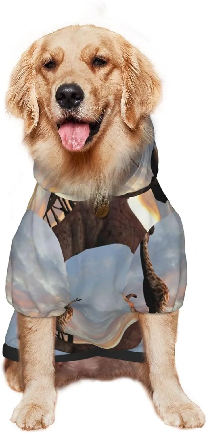 Elephant Giraffe On A Mountain Top Sunset Dog Hoodie Security Dog Hoodie Sweater with Pocket and Leash Hole Warm Pet Clothes Dog Winter Sweatshirt for Medium Large Dogs