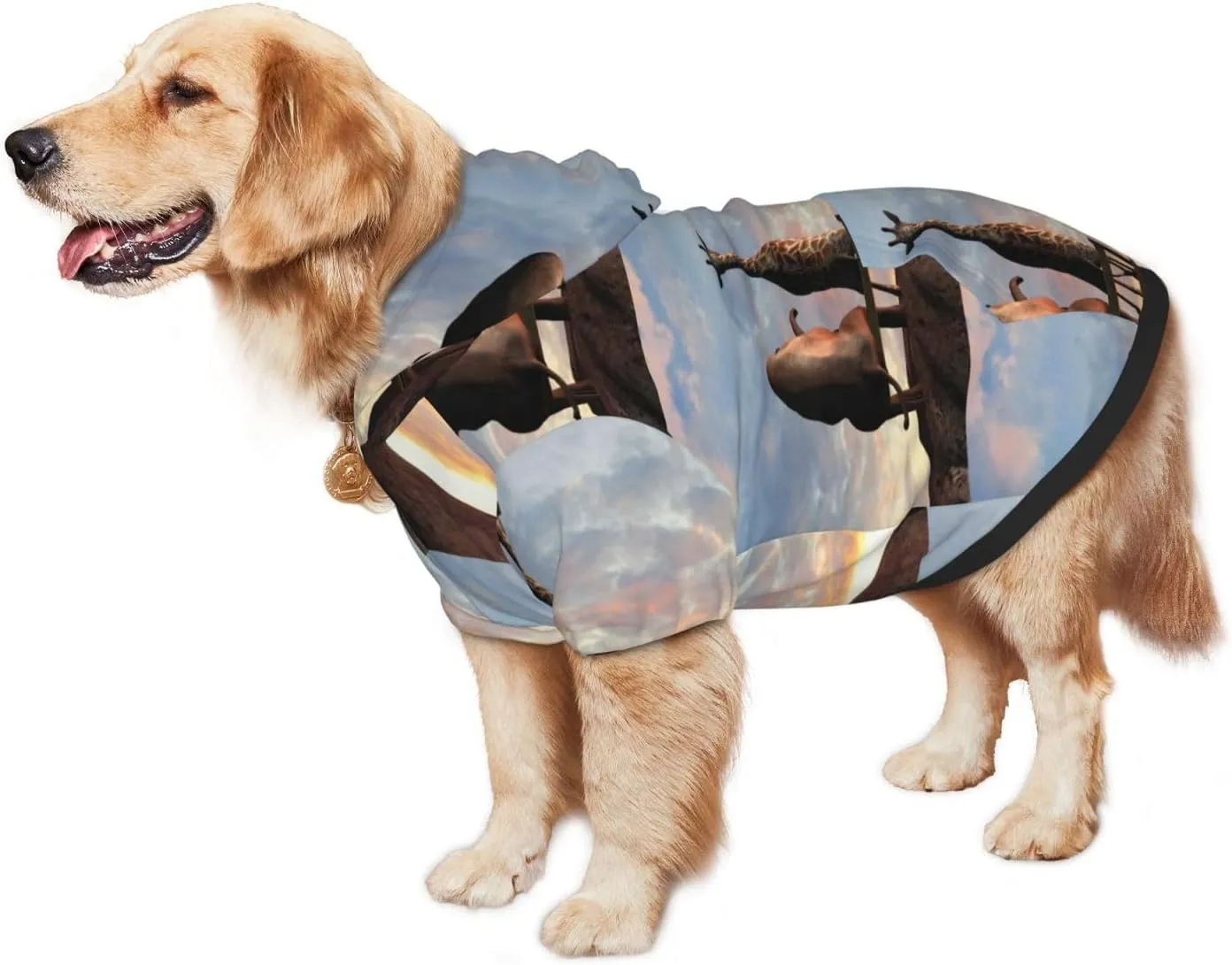 Elephant Giraffe On A Mountain Top Sunset Dog Hoodie Security Dog Hoodie Sweater with Pocket and Leash Hole Warm Pet Clothes Dog Winter Sweatshirt for Medium Large Dogs