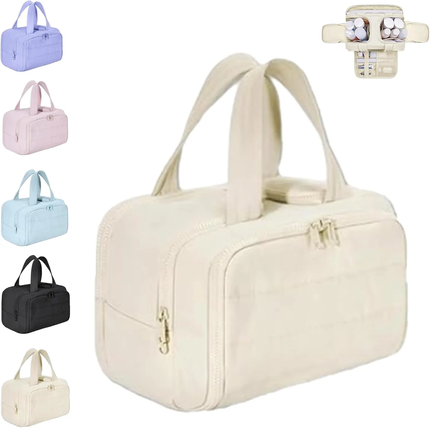 Elouva Toiletry Bag, Elouva Large Capacity Wide-Open Travel Cosmetic Bag, 4-in-1 Multi-functional Lightweight Makeup Bags (Off-White)