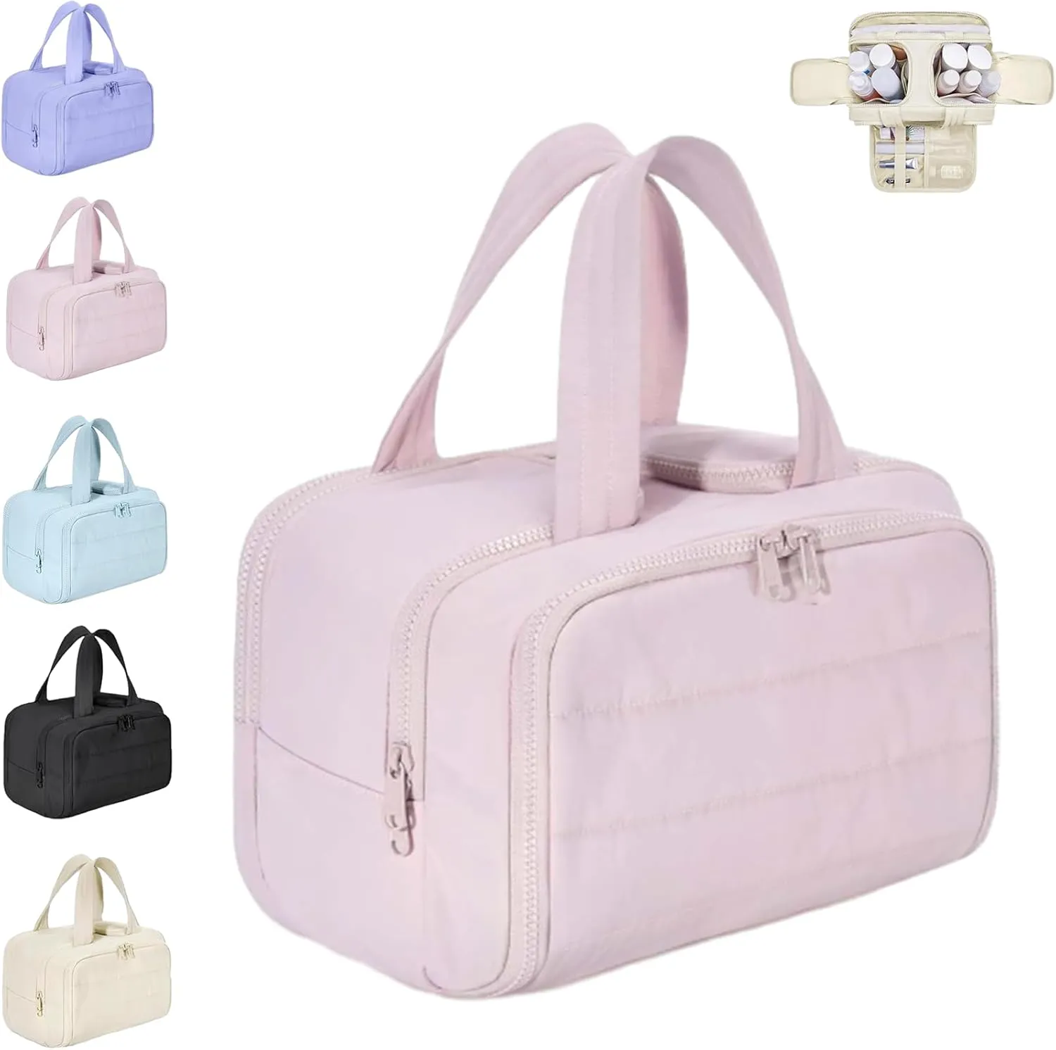 Elouva Toiletry Bag, Elouva Large Capacity Wide-Open Travel Cosmetic Bag, 4-in-1 Multi-functional Lightweight Makeup Bags (Pink)