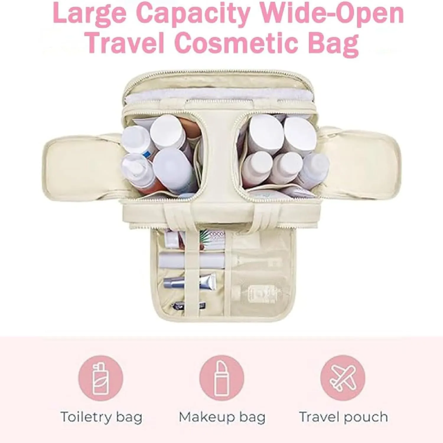 Elouva Toiletry Bag, Elouva Large Capacity Wide-Open Travel Cosmetic Bag, 4-in-1 Multi-functional Lightweight Makeup Bags (Pink)