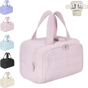 Elouva Toiletry Bag, Elouva Large Capacity Wide-Open Travel Cosmetic Bag, 4-in-1 Multi-functional Lightweight Makeup Bags (Pink)