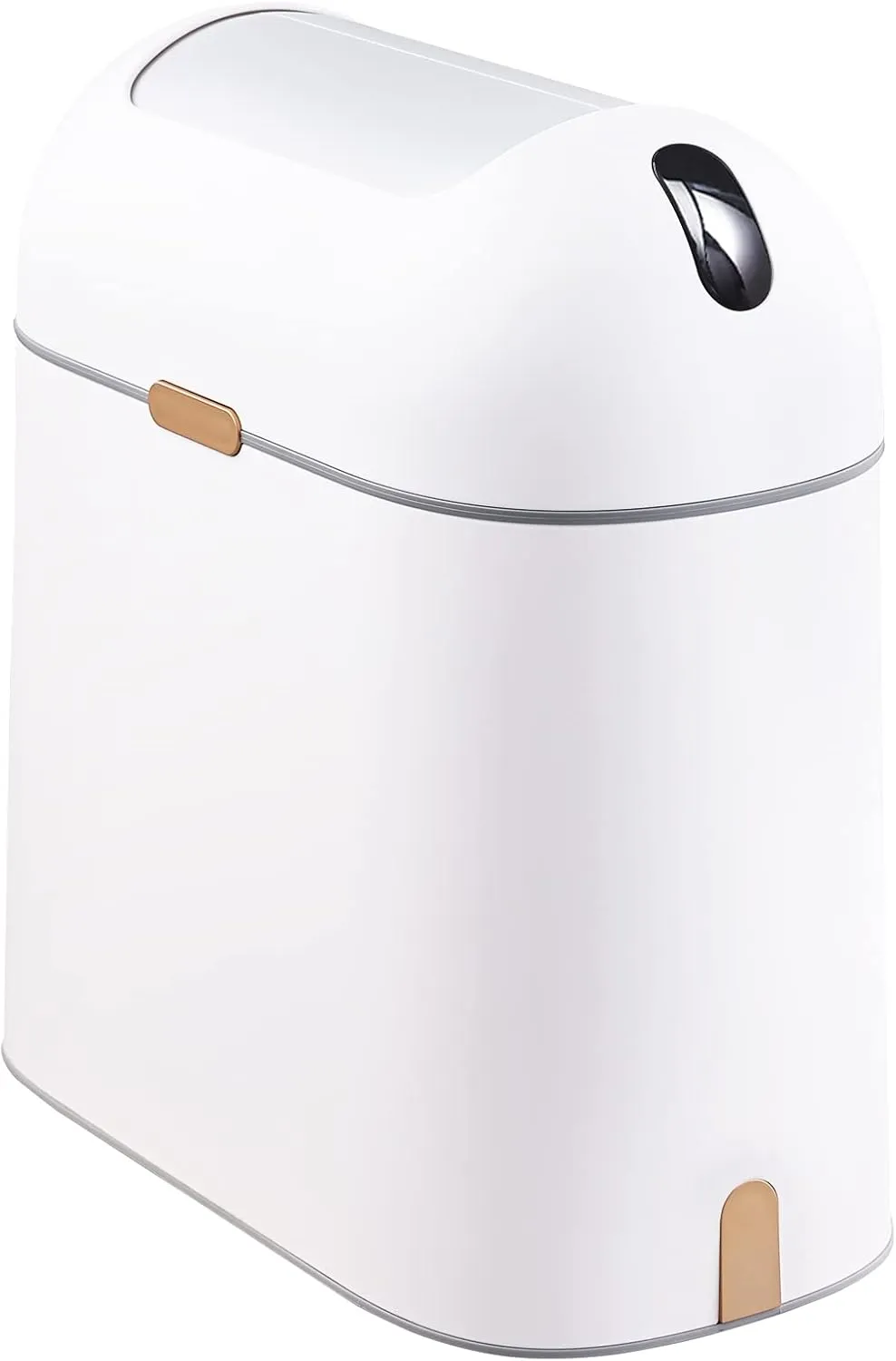 ELPHECO Motion Sensor Bathroom Trash Can, 2.5 Gallon Waterproof Trash Bin with Butterfly lid, Bathroom Waste Basket Garbage Bin for Bedroom Kitchen and Office use, White with Golden Button