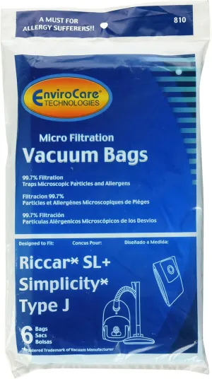 EnviroCare Replacement Micro Filtration Vacuum Cleaner Dust Bags made to fit Riccar SL , Simplicity Type J canisters 6 bags