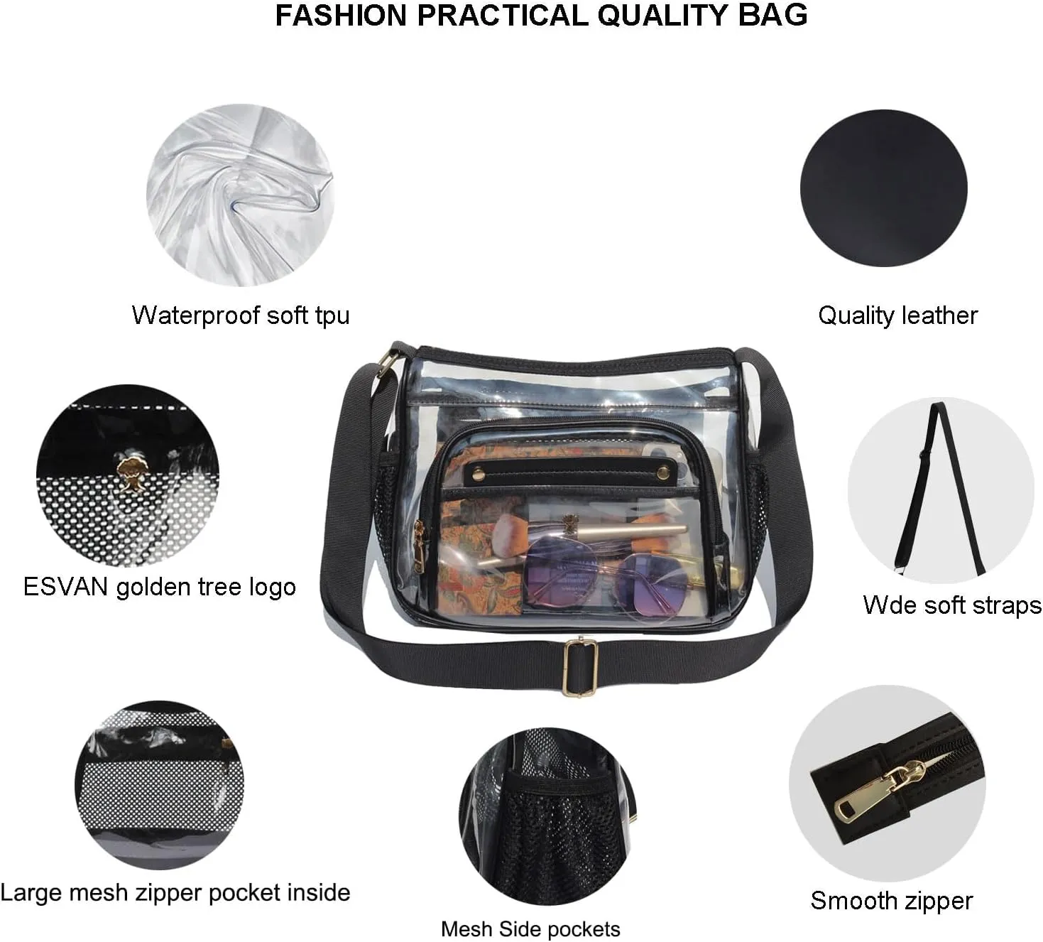 ESVAN Clear Crossbody Bag,Large Shoulder Bag For Stadium Events,Stadium Approved Clear Purses for Women with Adjustable Strap