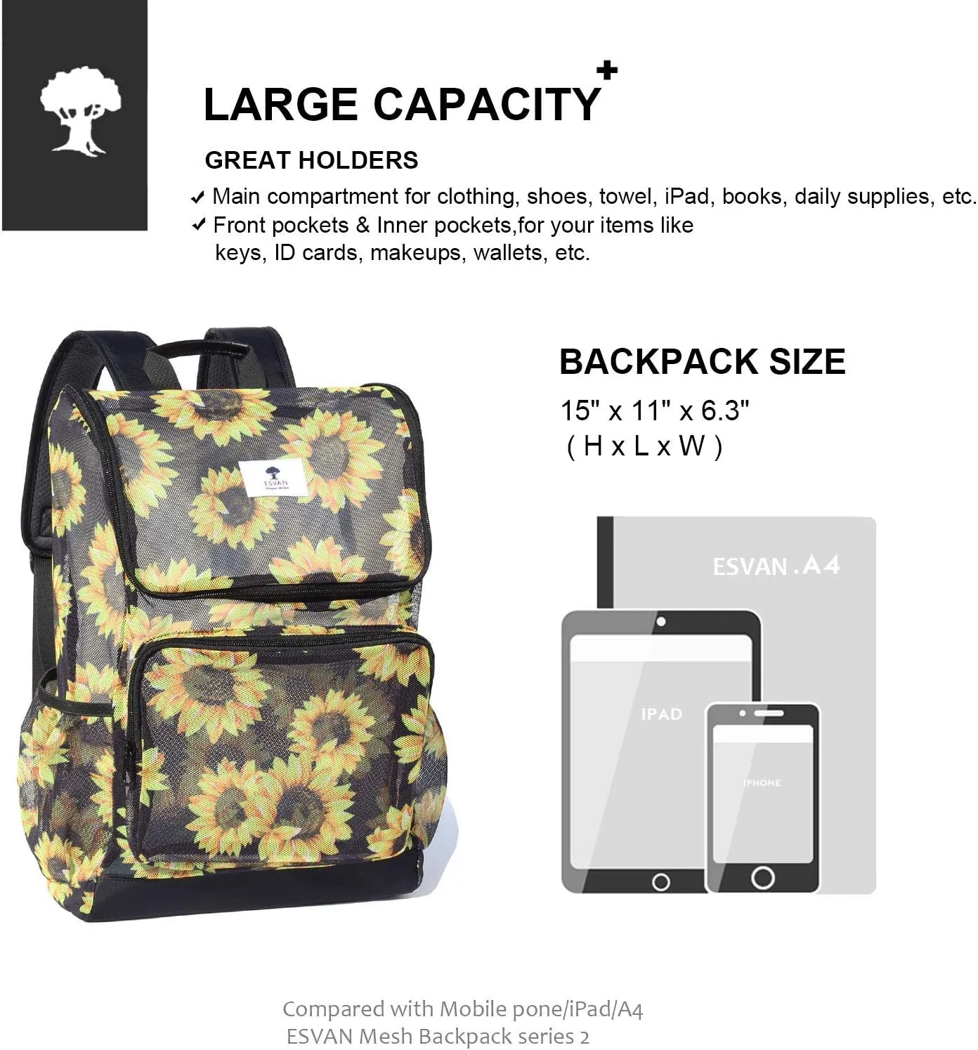 ESVAN Original Print Mesh Backpack Clear Bag See through Pack for Travel Beach Gym Multi-Purpose Women Men (H)