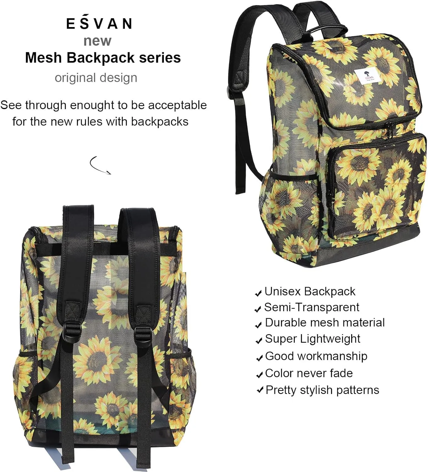 ESVAN Original Print Mesh Backpack Clear Bag See through Pack for Travel Beach Gym Multi-Purpose Women Men (H)