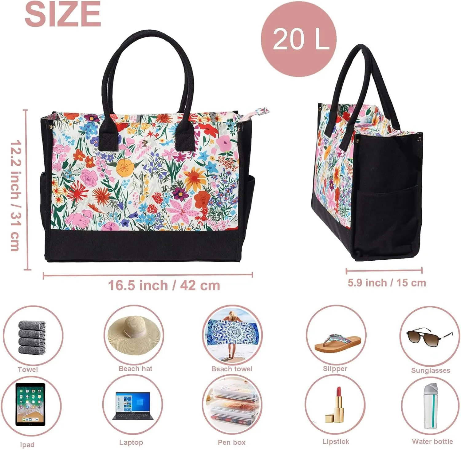 ESVAN Personalized Gifts Canvas Tote Linen Bags Handbags Top Zipper Closure Initial Retro Utility Tote