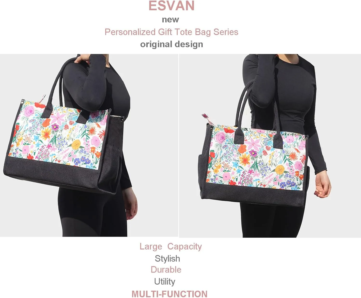 ESVAN Personalized Gifts Canvas Tote Linen Bags Handbags Top Zipper Closure Initial Retro Utility Tote