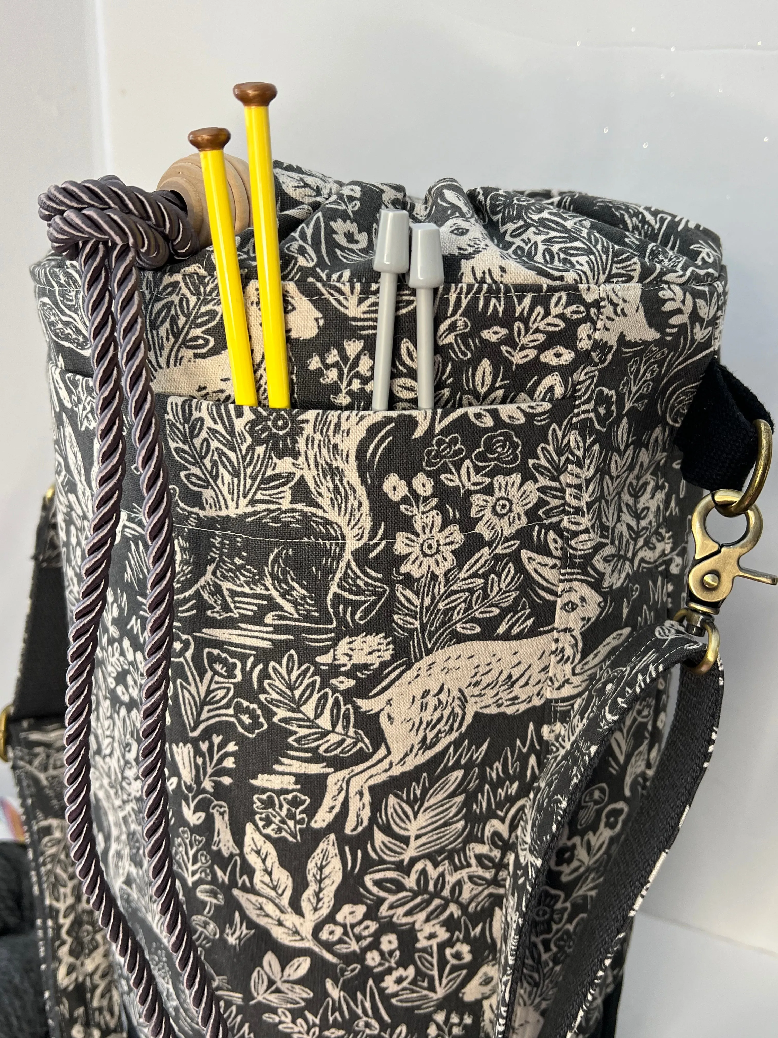Everyday Tote, Round Project or Knitting Tote, Rifle Paper Co & Waxed Canvas, Fable Wildwood Grey