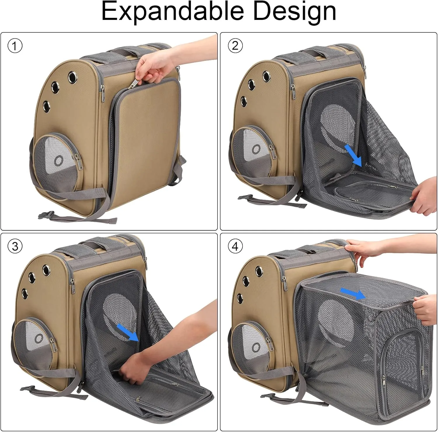 Expandable Pet Carrier Backpack for Cats, Dogs and Small Animals, Portable Pet Travel Carrier, Super Ventilated Design, Airline Approved, Ideal for Traveling/Hiking/Camping, Khaki