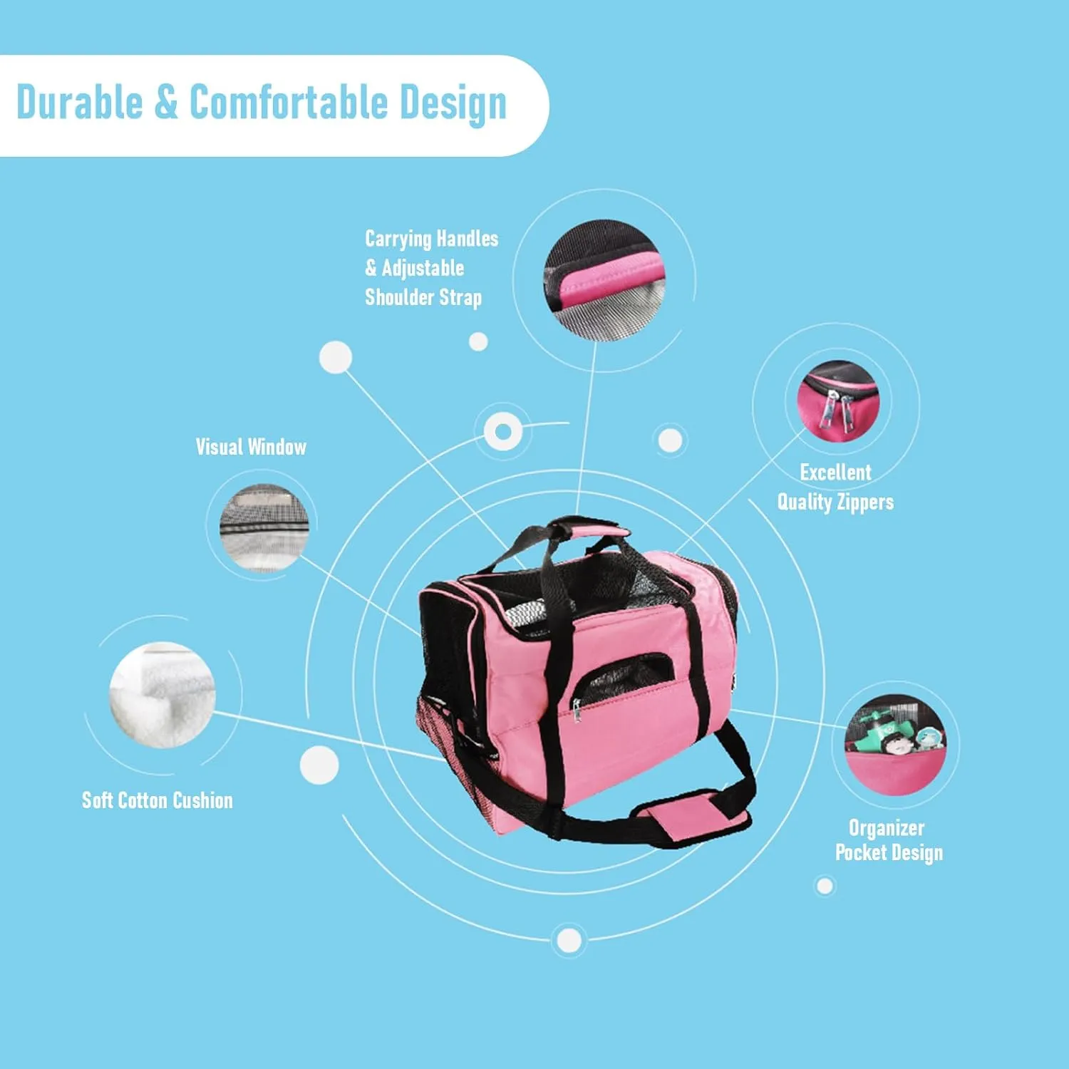 Expandable Pet Carrier for Cats, Dogs, Puppies, and Small Animals, Foldable Soft-Sided Travel Bag with Breathable Mesh, Washable Mat, Zipper, and Strap for Airplane, Car, and Train Travel(Pink)