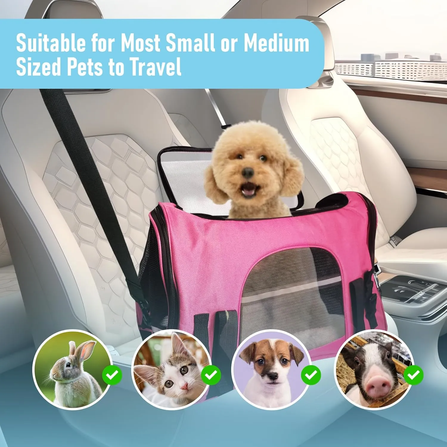 Expandable Pet Carrier for Cats, Dogs, Puppies, and Small Animals, Foldable Soft-Sided Travel Bag with Breathable Mesh, Washable Mat, Zipper, and Strap for Airplane, Car, and Train Travel(Pink)