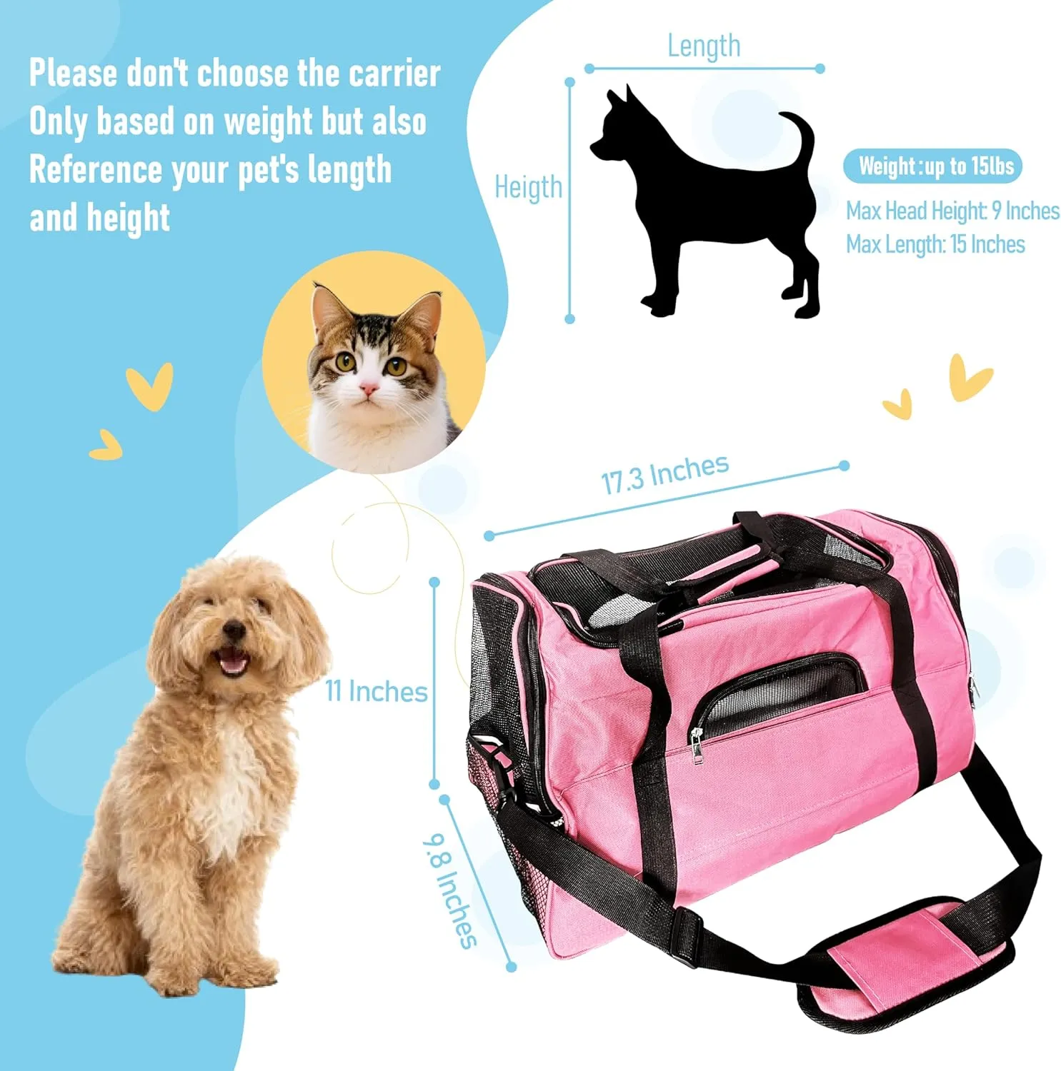 Expandable Pet Carrier for Cats, Dogs, Puppies, and Small Animals, Foldable Soft-Sided Travel Bag with Breathable Mesh, Washable Mat, Zipper, and Strap for Airplane, Car, and Train Travel(Pink)