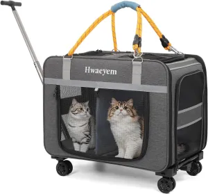 Extra Large Pet Cat Carrier with Wheels, Pet Carrier for 2 Cats or Medium Dog, 24" X 15" X 17" Portable Dog Cat Crate for Large Cat, Support up to 40 Lbs, Grey