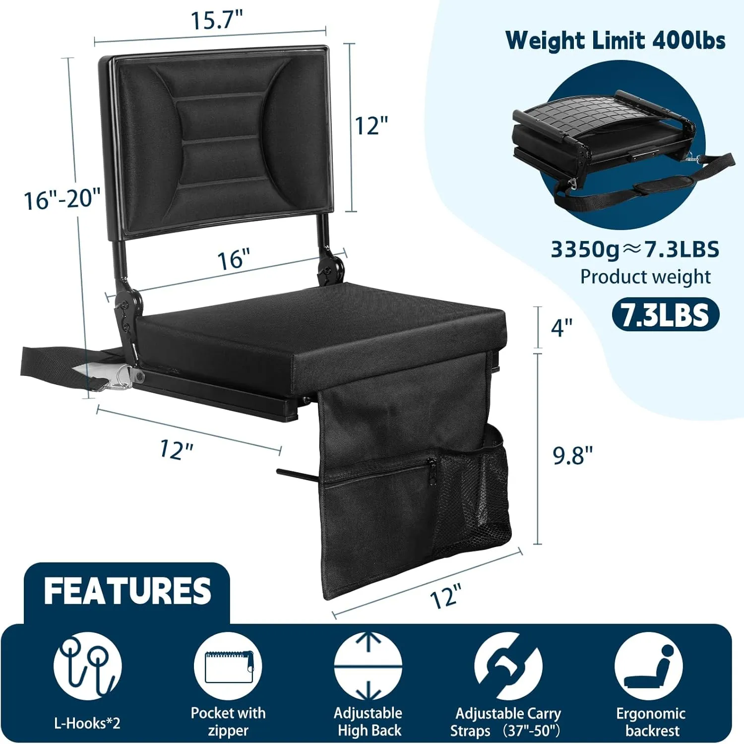 Extra Wide Stadium Seat with Back Support | Adjustable High Back & Thick Padded | Bleacher Chairs with back and Cushion, Includes Cup Holder, Shoulder Strap, Perfect for Concerts, Sports Events-BL