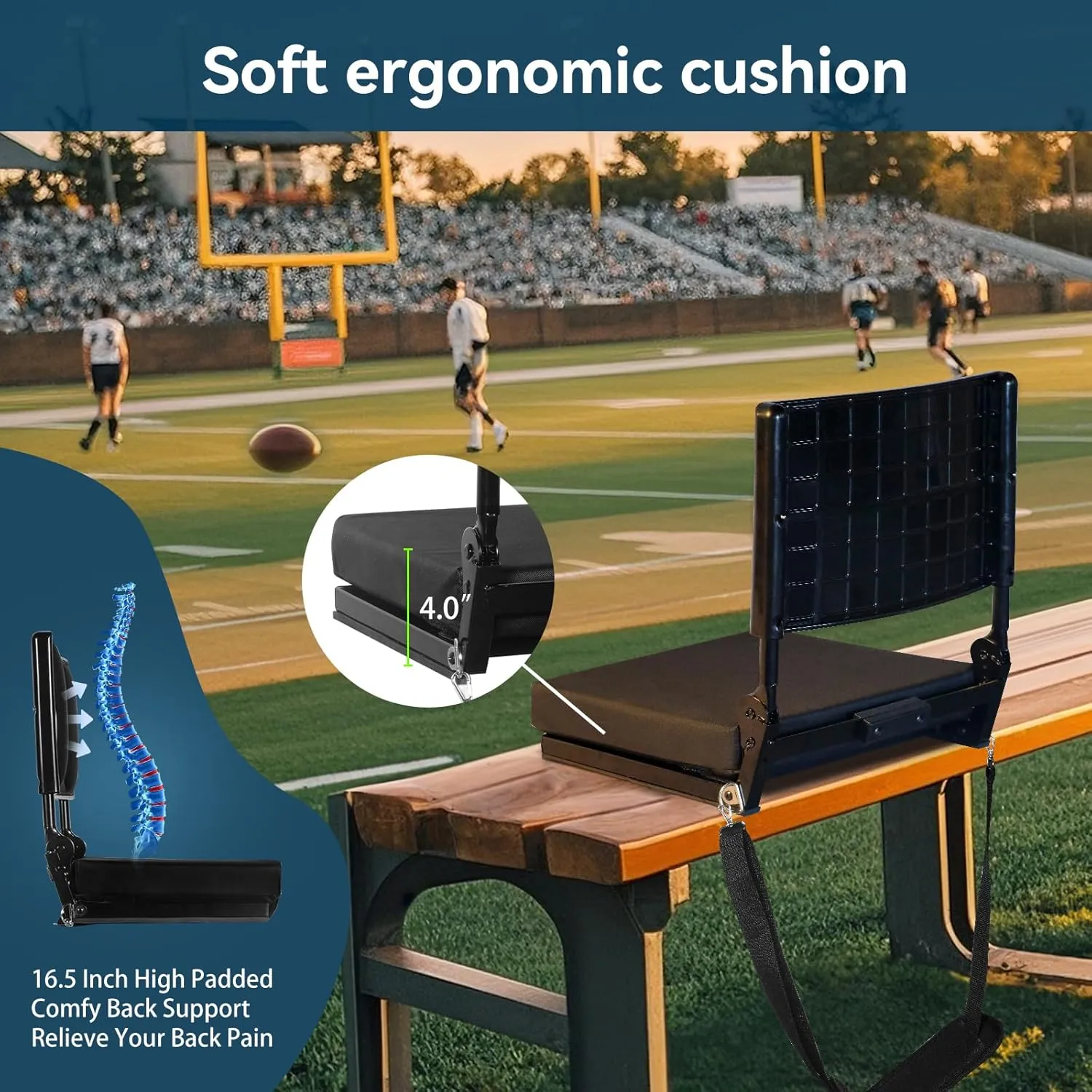 Extra Wide Stadium Seat with Back Support | Adjustable High Back & Thick Padded | Bleacher Chairs with back and Cushion, Includes Cup Holder, Shoulder Strap, Perfect for Concerts, Sports Events-BL