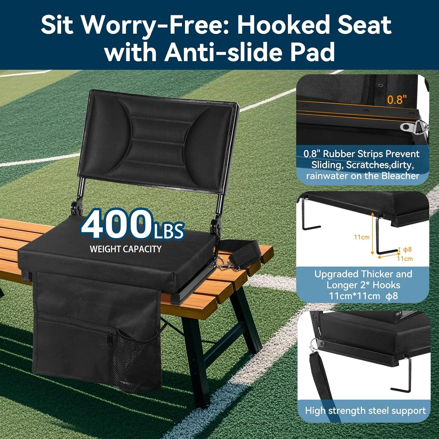 Extra Wide Stadium Seat with Back Support | Adjustable High Back & Thick Padded | Bleacher Chairs with back and Cushion, Includes Cup Holder, Shoulder Strap, Perfect for Concerts, Sports Events-BL