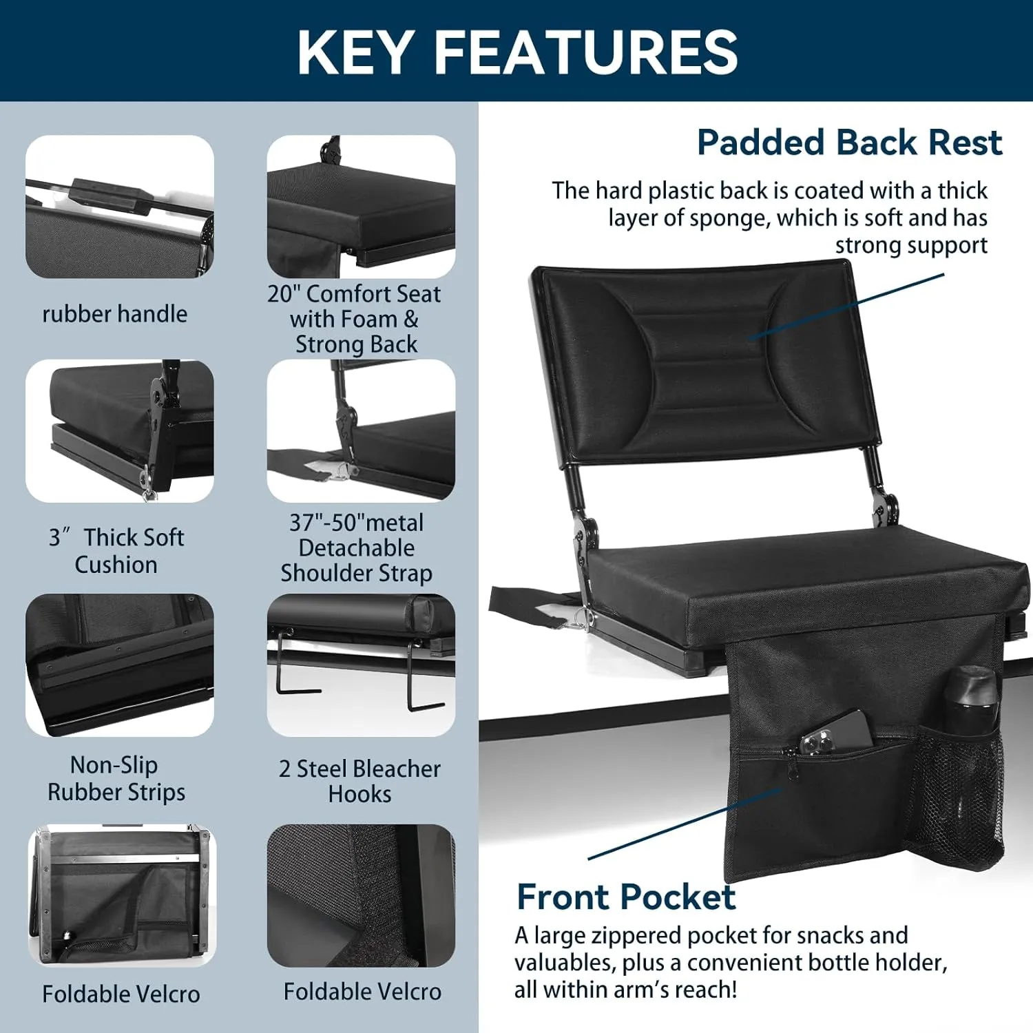 Extra Wide Stadium Seat with Back Support | Adjustable High Back & Thick Padded | Bleacher Chairs with back and Cushion, Includes Cup Holder, Shoulder Strap, Perfect for Concerts, Sports Events-BL
