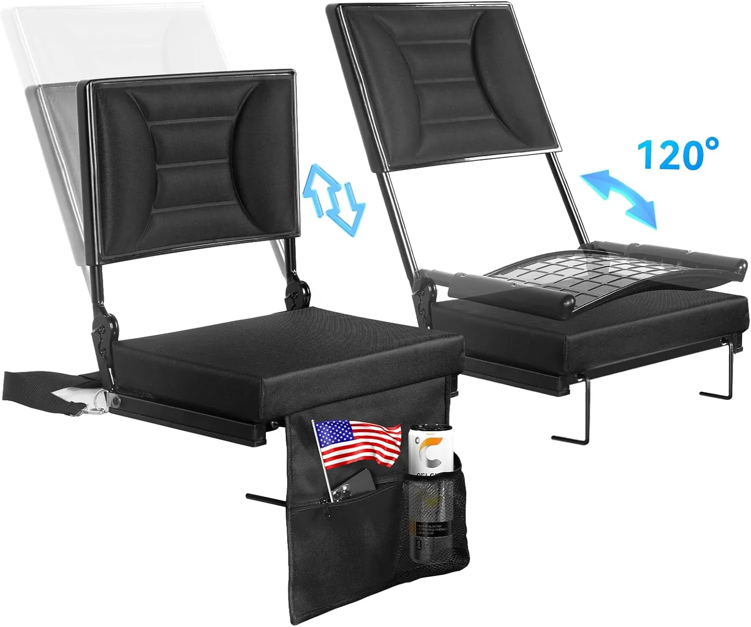 Extra Wide Stadium Seat with Back Support | Adjustable High Back & Thick Padded | Bleacher Chairs with back and Cushion, Includes Cup Holder, Shoulder Strap, Perfect for Concerts, Sports Events-BL