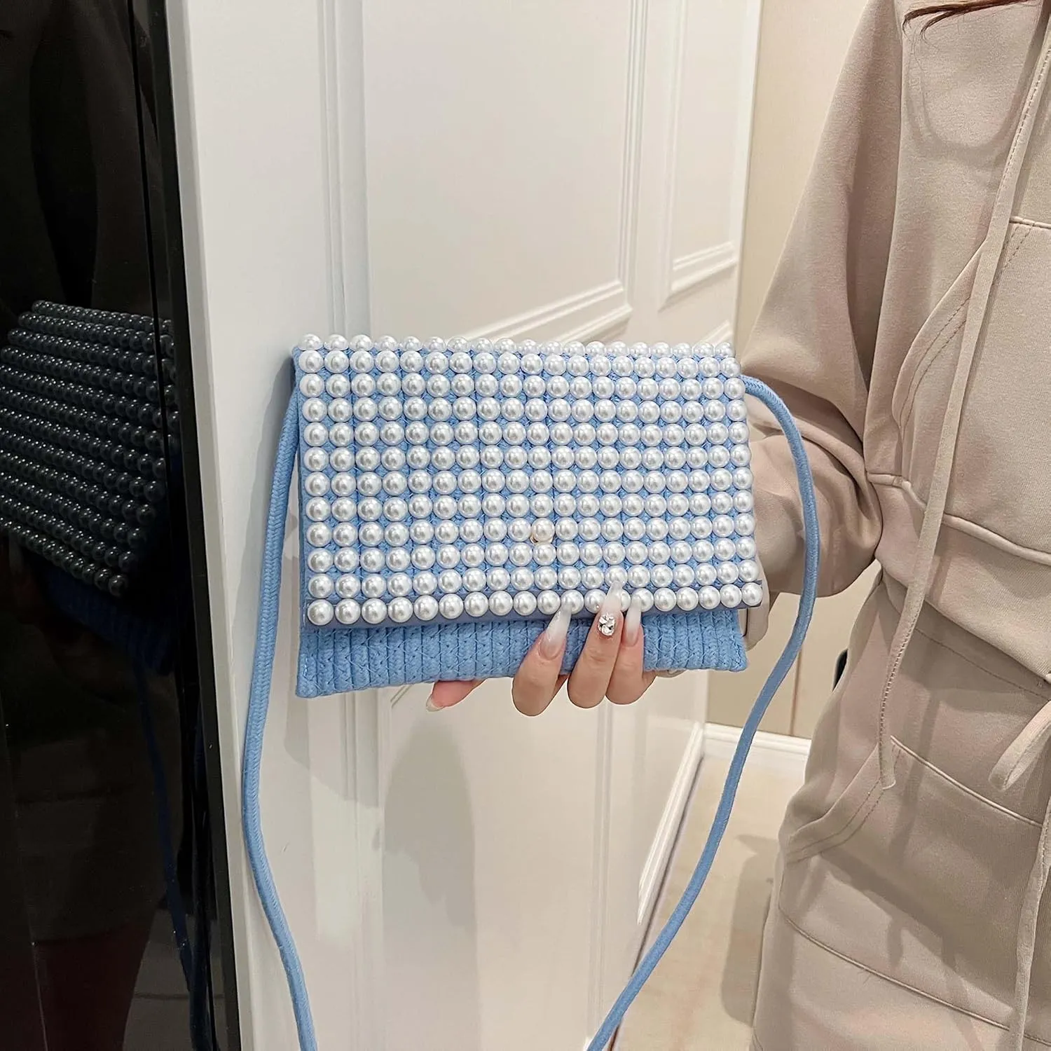 FALETO Small Flower Pearls Handwoven Handbag Crochet Crossbody Bags for women Bohemian Cotton Envelope Clutch Purse
