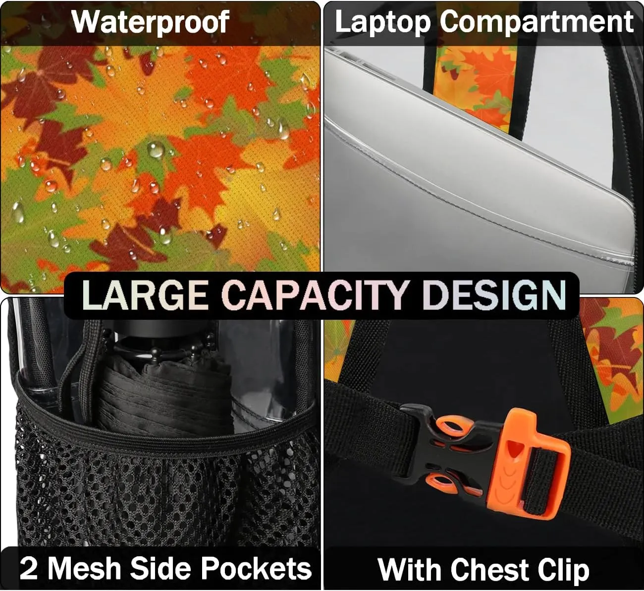 Fall Maple Leaves Clear Backpack Stadium Approved Heavy Duty Transparent Backpack for Women Men Large PVC See Through Bag for Sports Event Concert Festival Work Travel