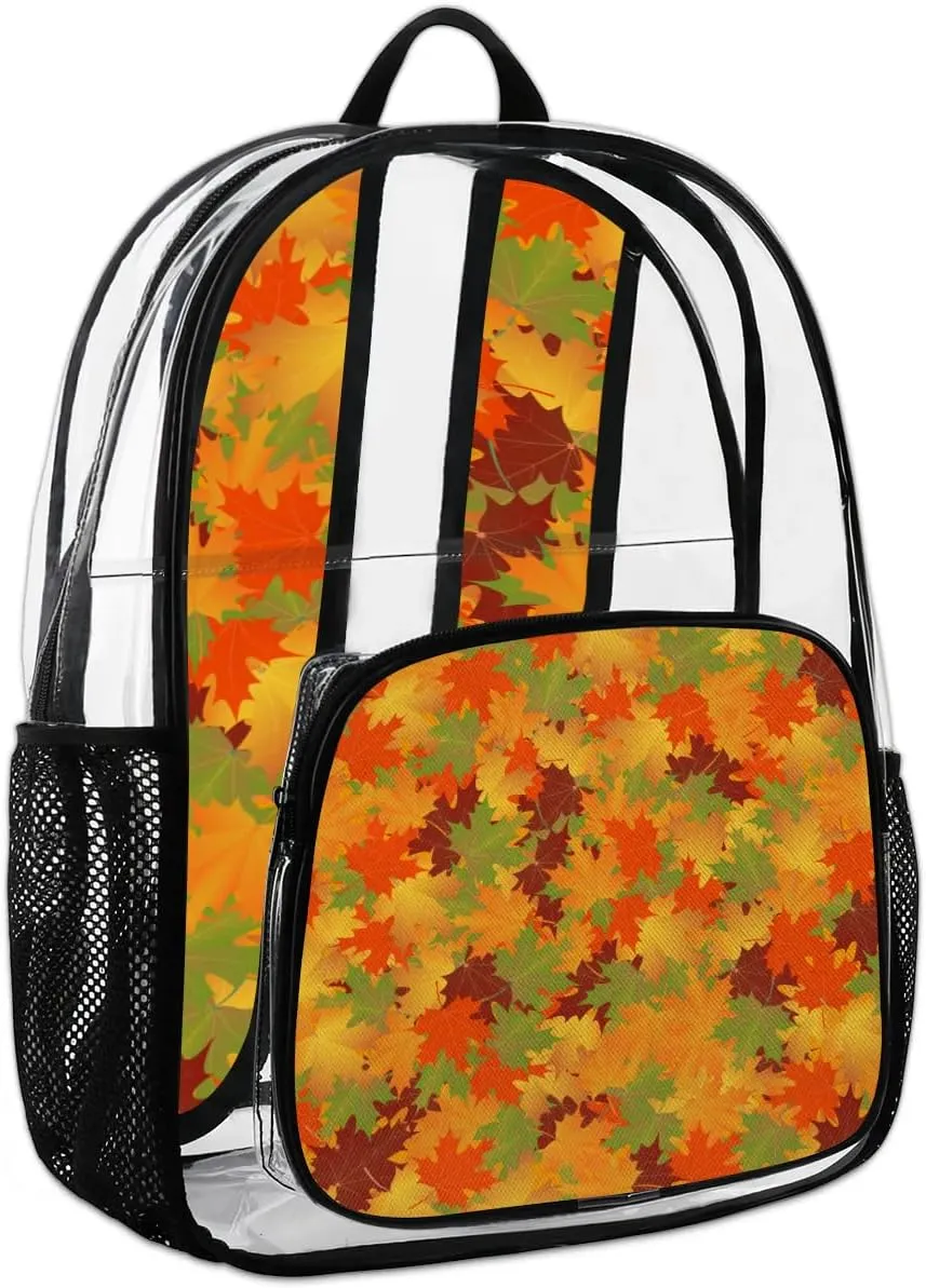 Fall Maple Leaves Clear Backpack Stadium Approved Heavy Duty Transparent Backpack for Women Men Large PVC See Through Bag for Sports Event Concert Festival Work Travel