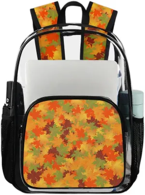 Fall Maple Leaves Clear Backpack Stadium Approved Heavy Duty Transparent Backpack for Women Men Large PVC See Through Bag for Sports Event Concert Festival Work Travel
