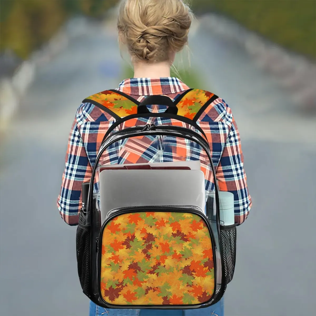Fall Maple Leaves Clear Backpack Stadium Approved Heavy Duty Transparent Backpack for Women Men Large PVC See Through Bag for Sports Event Concert Festival Work Travel