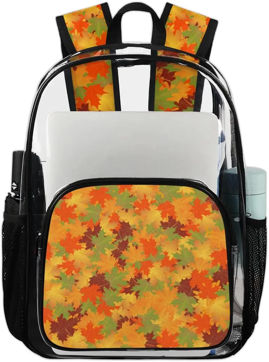 Fall Maple Leaves Clear Backpack Stadium Approved Heavy Duty Transparent Backpack for Women Men Large PVC See Through Bag for Sports Event Concert Festival Work Travel