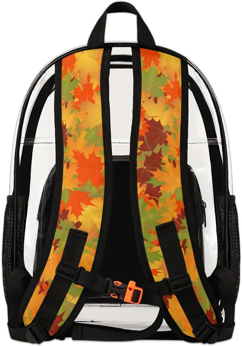 Fall Maple Leaves Clear Backpack Stadium Approved Heavy Duty Transparent Backpack for Women Men Large PVC See Through Bag for Sports Event Concert Festival Work Travel