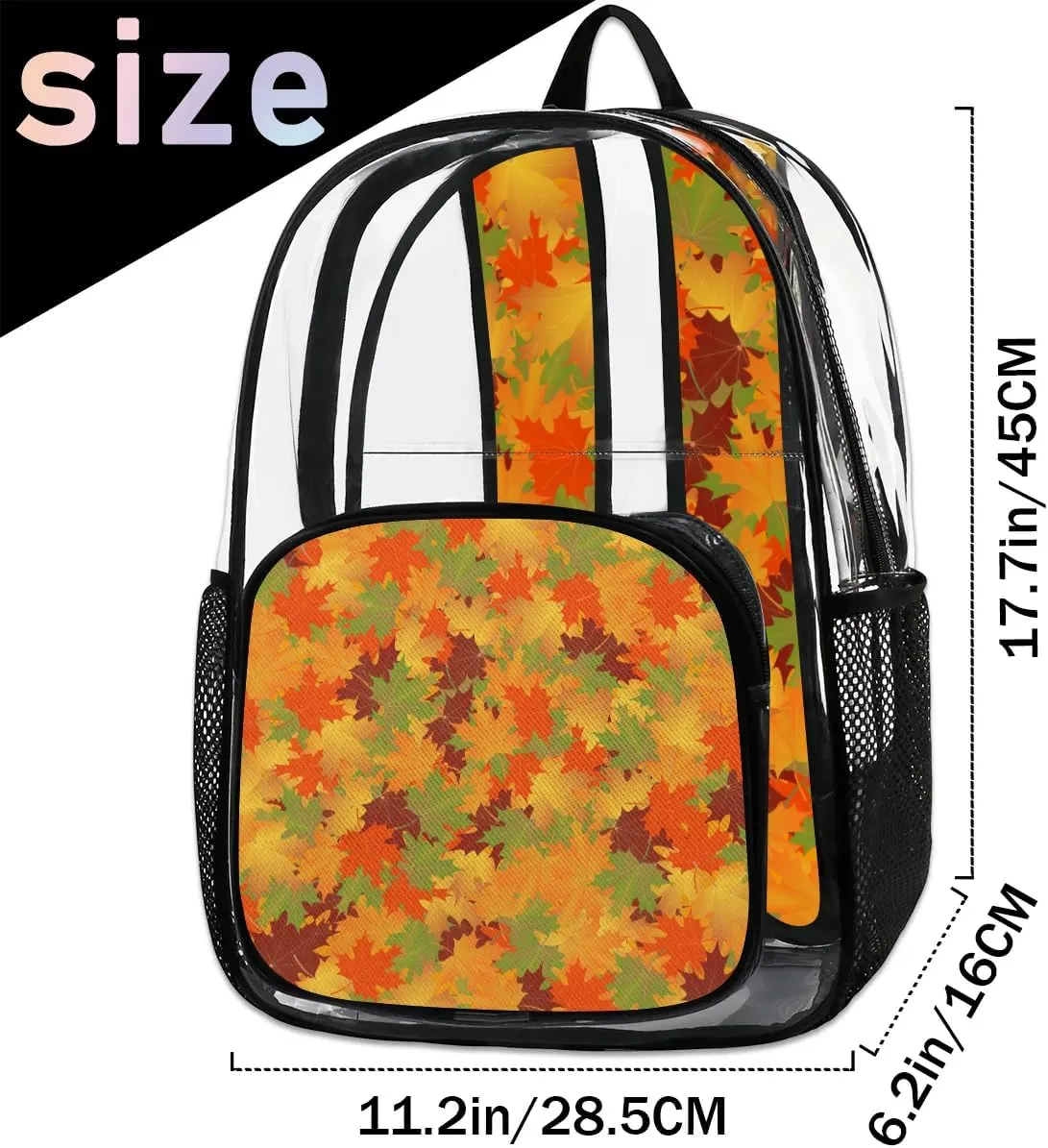 Fall Maple Leaves Clear Backpack Stadium Approved Heavy Duty Transparent Backpack for Women Men Large PVC See Through Bag for Sports Event Concert Festival Work Travel