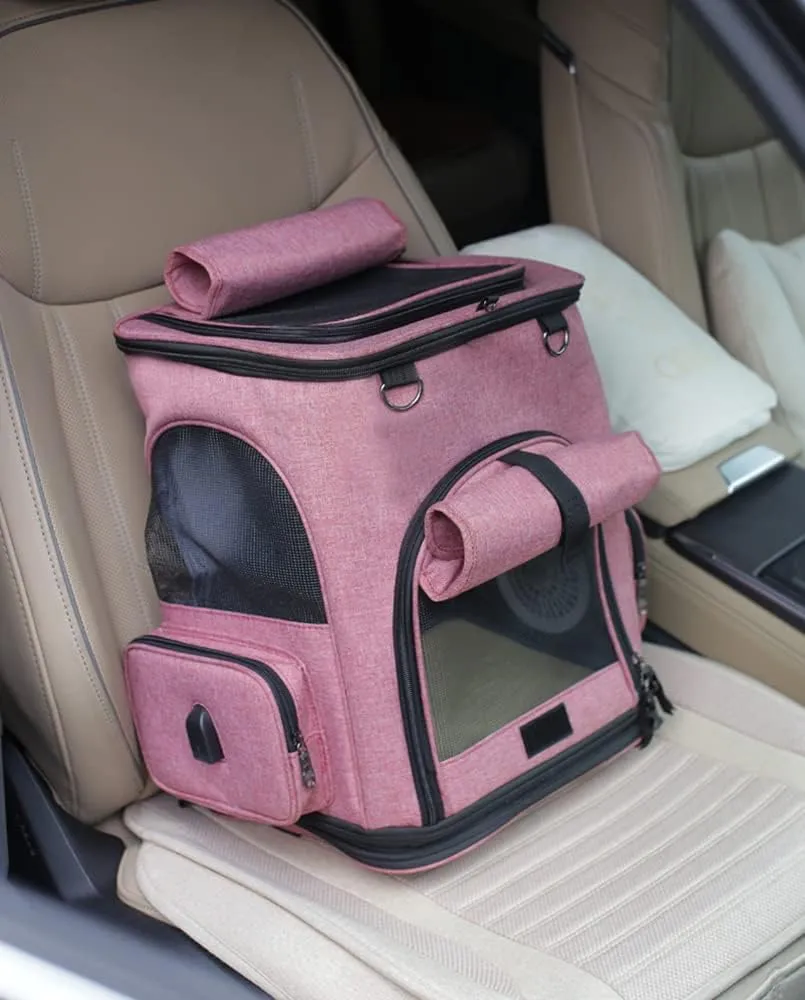 Falytemow Cat Carrier Backpack with Wheels Small Pet Carrying Bag with Breathable Mesh and Fan Collapsible Waterproof Cat Case for Hiking Camping Travel (Pink, Small)