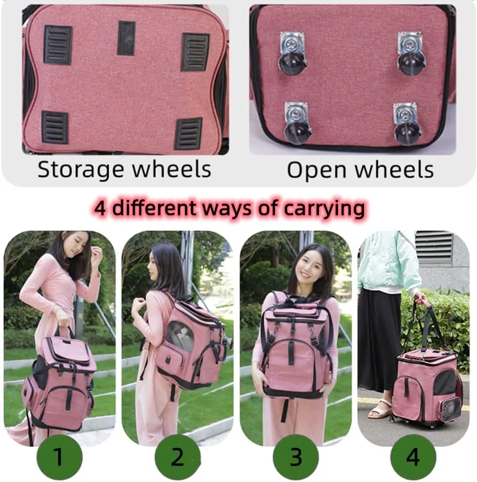 Falytemow Cat Carrier Backpack with Wheels Small Pet Carrying Bag with Breathable Mesh and Fan Collapsible Waterproof Cat Case for Hiking Camping Travel (Pink, Small)