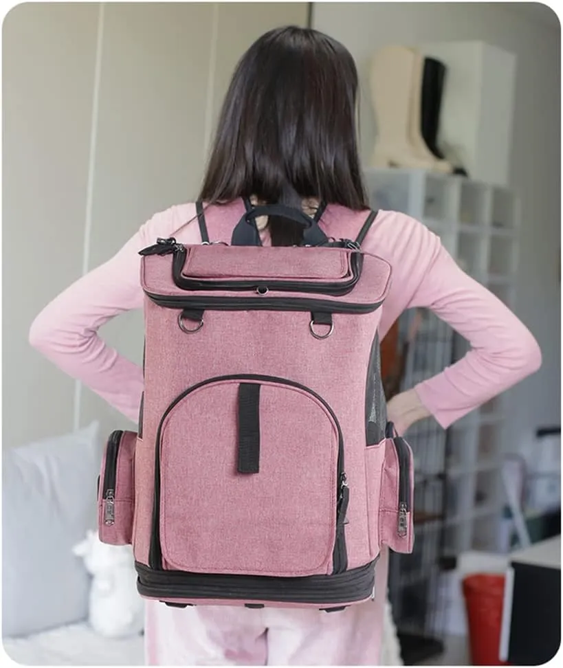 Falytemow Cat Carrier Backpack with Wheels Small Pet Carrying Bag with Breathable Mesh and Fan Collapsible Waterproof Cat Case for Hiking Camping Travel (Pink, Small)