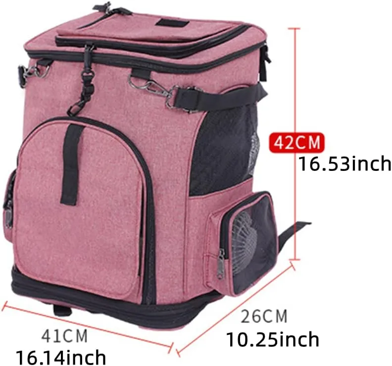 Falytemow Cat Carrier Backpack with Wheels Small Pet Carrying Bag with Breathable Mesh and Fan Collapsible Waterproof Cat Case for Hiking Camping Travel (Pink, Small)