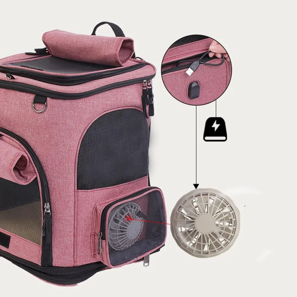 Falytemow Cat Carrier Backpack with Wheels Small Pet Carrying Bag with Breathable Mesh and Fan Collapsible Waterproof Cat Case for Hiking Camping Travel (Pink, Small)