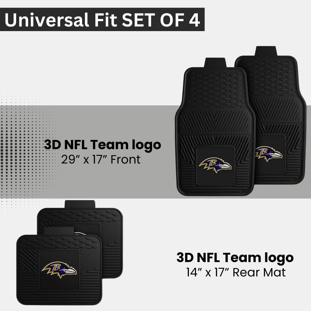Fanmats Baltimore Ravens Set of 4 Car Mats for Cars, SUV, Pickups - All Weather Technology Protection, Deep Reservoir Design, Universal Fit - 3D NFL Team Logo - 29” x 17” Front - 14”x 17” Rear Mat