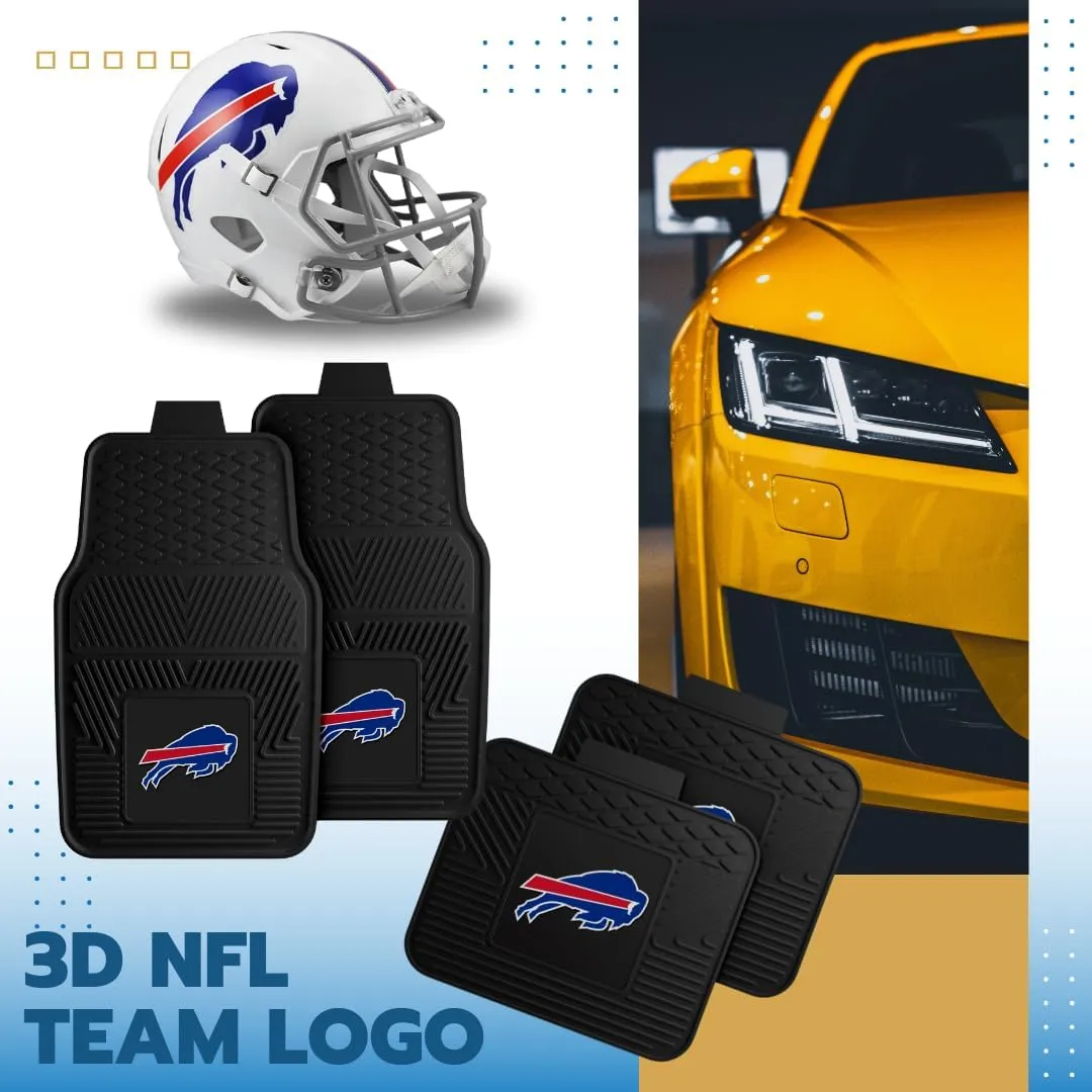 Fanmats Buffalo Bills Set of 4 Car Mats for Cars, SUV, Pickups - All Weather Technology Protection, Deep Reservoir Design, Universal Fit - 3D NFL Team Logo - 29”x17” Front - 14” x 17” Rear Mat