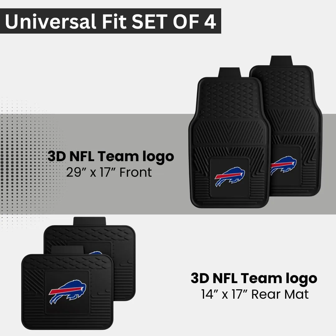 Fanmats Buffalo Bills Set of 4 Car Mats for Cars, SUV, Pickups - All Weather Technology Protection, Deep Reservoir Design, Universal Fit - 3D NFL Team Logo - 29”x17” Front - 14” x 17” Rear Mat